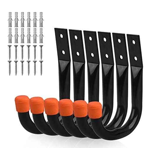 HORUSDY 6-Pack Heavy Duty Metal Wall Hooks, Large Garage Storage & Organization Hooks for Tools, Extension Cords, Ladders, and Bags, Wall Mount J Hooks for Indoor Outdoor Use, Black