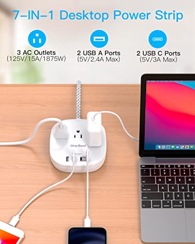One Beat Travel Power Strip with Flat Plug & 6Ft Braided Cord - White, No Surge, Cruise Ready