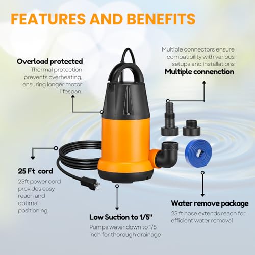 20ft Submersible Water Pump with 25ft Hose, 4000 GPH Portable Drain Pump