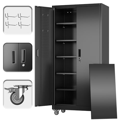Reemoon 71 in Metal Storage Cabinet with Wheels & Pegboard, 5-Shelf, 3-Point Lock, Black