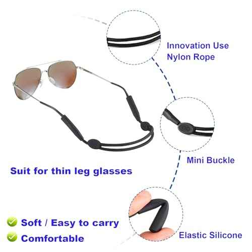 Glasses Strap for Slim Leg - Adjustable Eyeglasses Strap, Sunglasses Straps Holder for Men Women - No Tail Glasses holder Eyewear Retainers Eye Glass String Straps(4pcs Black 14inch)