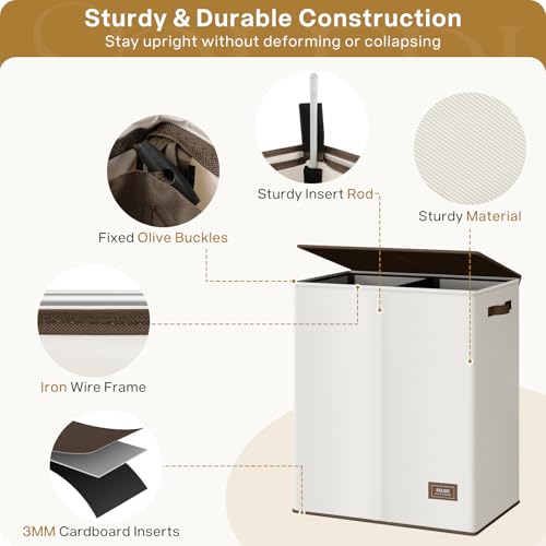 SOLEDI 145L Off-White Luxury Double Laundry Hamper with Lid & Removable Bags, 2-Compartment Collapsible Basket
