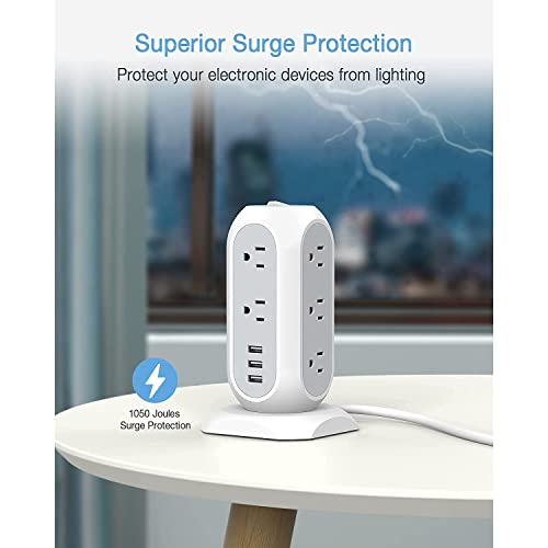 TESSAN 6 Ft White Tower Power Strip with Surge Protection, Flat Plug, 14 Outlets & USB
