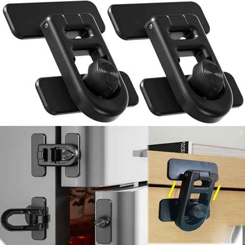 2-Pack Refrigerator Lock Baby Proofing for Cabinet Door Drawer Freezer RV Oven Cupboard Closet Kitchen, 90 Degree Fridge Latches Petproof Childproof for Toddler Cat, Strong Adhesive No Drill