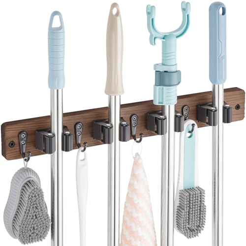 OUTNILI Rustic Wood Wall-Mounted Broom and Mop Holder with 4 Slots & Hooks - Brown / 4 Grips - 1 Pack