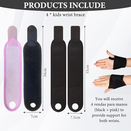 4 PCS Kids Wrist Brace, Night Wrist Sleep Support Brace, Adjustable Compression Straps, Fits Wrists of Different Sizes, Suitable for Children's Sports Sleep (Pink+black)