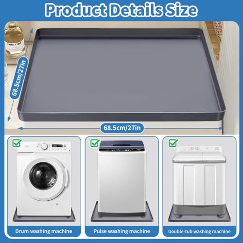 QSXVTR Grey 27x27 in Silicone Washing Machine Drain Pan with 0.79 in Raised Edge, Leak-Proof Non-Slip Floor Protector