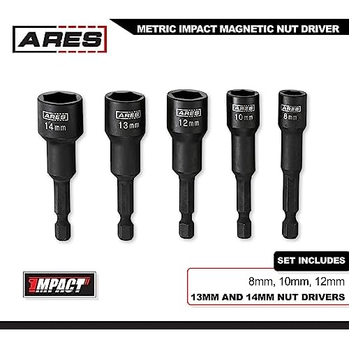 ARES 70029 - Metric Impact Magnetic Nut Driver Set - 2 1/2-Inch Impact Grade Nut Setter with Industrial Strength Magnet