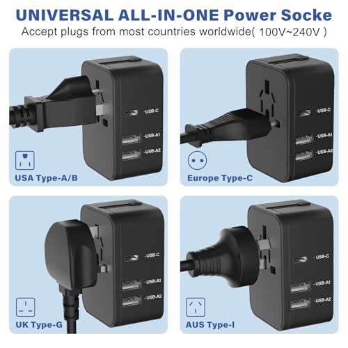 EFISH Black Travel Power Adapter with 2 USB-A + 1 USB-C, Universal Travel Plug Converter