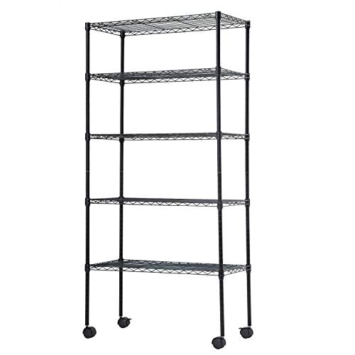 BestOffice | 5-Tier Wire Storage Shelves with Wheels | 14x30x60 | Black | Adjustable Racks | Heavy-Duty Metal Shelf, Holds Upto 220 lbs | No-Tool Assembly | Ideal for Home & Garage Shelving