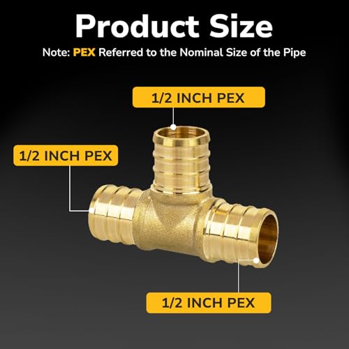KAINGA 1/2" PEX Tee Fittings - Heavy-Duty Brass, Leak-Resistant, 5 Pack