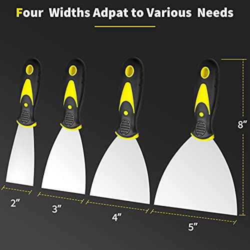 Putty Knife, 4Pcs Spackle Knife Set (2, 3, 4, 5 in), Stainless Steel Paint Scraper, Taping Knife Tool for Repairing Drywall, Removing Wallpaper, Applying Putty, Plaster, Cement, Adhesive