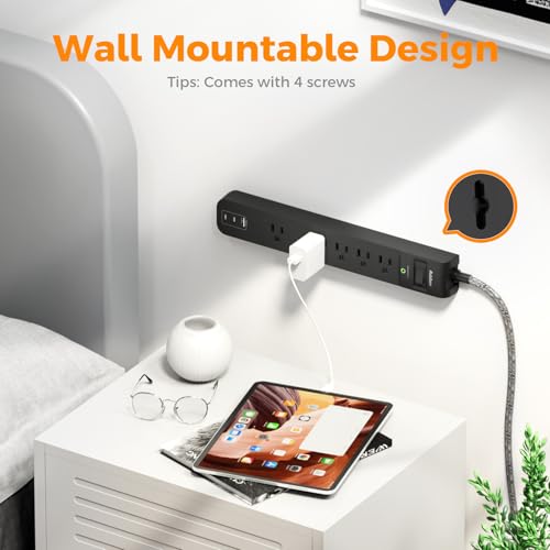 Addtam Black & Dark Gray 6Ft Power Strip Surge Protector with 5 Outlets & 3 USB Ports