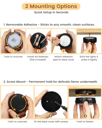 TECOMLIGHT 6 Pack Remote-Controlled Puck Lights with 3 White Tones & 13 Colors, Black Finish