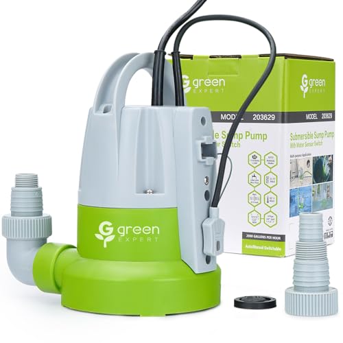 Green Expert 1/3HP Submersible Sump Pump with Water Sensor Switch - Single Pump, Automatic & Manual Drain for Basement Garage Hot Tub