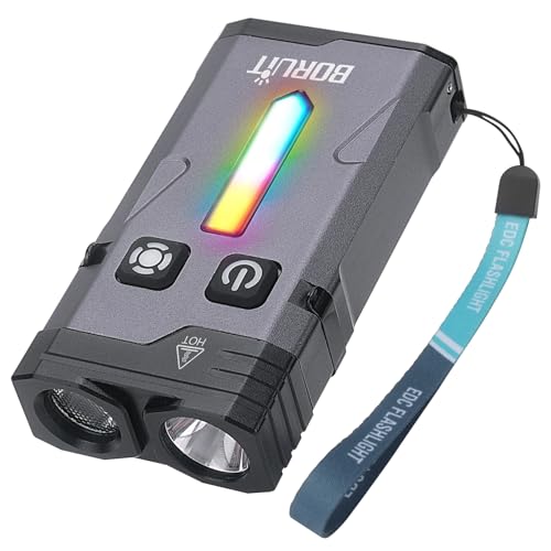 BORUIT EV10 EDC Keychain Flashlight Super Bright USB-C Rechargeable - 15 Modes Small Multifunctional Flashlights with Clip Magnetic Ambient and Warning LED Lights, Aluminum Black