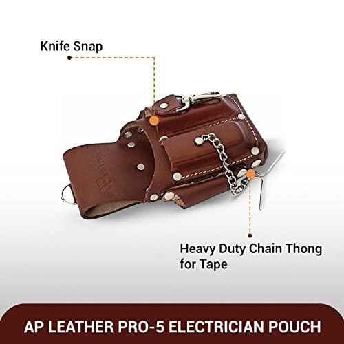 Ap-Leather Pro-5 Electrician Pouch, Leather Tool Pouch, 5 Pocket Pouch with Electrical Tape Holder, Durable Compartments, Tool Pouch with Belt Clip, Dark Brown