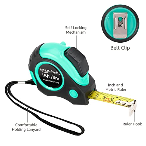 Amazon Basics 16 ft Retractable Tape Measure with Metric & SAE - Turquoise, Model 4.9m