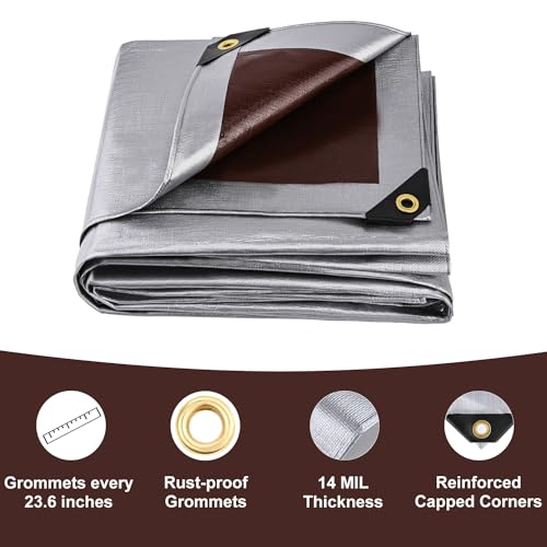Sunvigor Heavy Duty Waterproof Tarp 10x20Ft Silver/Brown 14 Mil UV Resistant Cover