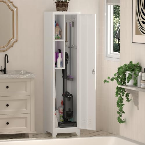 STEELIST 65"H White Slim Locking Cabinet with Shelf & Hanging Rod, 15.75" W