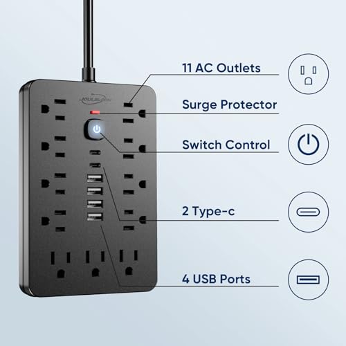 JouleLoom 6 FT Black Flat Plug Surge Protector Power Strip with 11 AC Outlets & 6 USB Ports