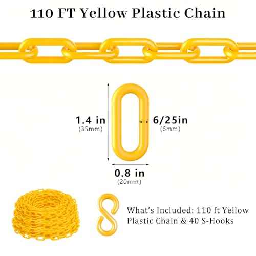 Plastic Chain, 110 FT Yellow Plastic Chain Links, Durable Plastic Safety Chain Barrier with 40 Hooks for Crowd Control, Private Property, Parking Lots, Driveways, Queue Line and Construction Sites