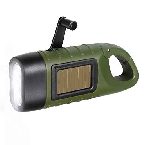 SEANCHEER Hand Crank Solar Powered Flashlights,Compact Emergency Rechargeable LED Flashlight Handheld Survival Flashlight,Quick Snap Carbiner Dynamo Flashlight for Outdoor,Sports,Hiking-Army Green