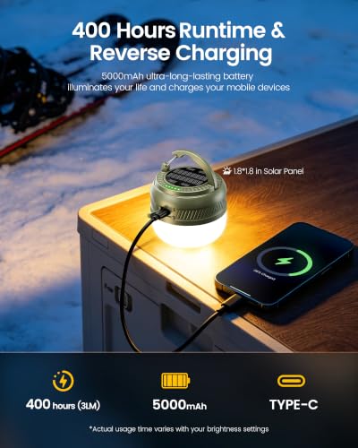 Glocusent 400H Camping Lantern - Rechargeable 5000mAh Solar Pocket Light, Green