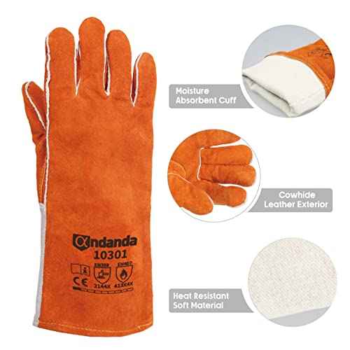 ANDANDA Leather Welding Gloves, 13" Fire/Heat Resistant Gloves Provides Flames, Sparks and Welding Spatter Protection, Large
