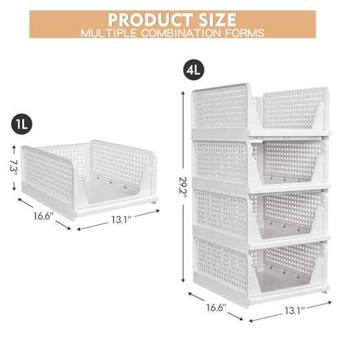 4 Pack Stackable Closet Storage Basket - Stackable Storage Bins, Multifunctional & Foldable Closet Organizer, Wardrobe Cupboard Space-Saving Clothes Storage Hat Organizer, White
