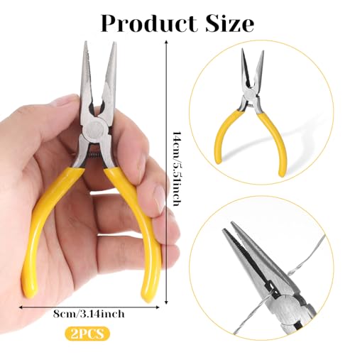 Giantree 2 Pcs Small Needle Nose Pliers, 5.5" Inch Nose Plier for Wire Bending, Spring Loaded Thin Needle Noses Pliers with Serrated Jaw for Jewelry Making Wire Wrapping Crafts Electronic Repair