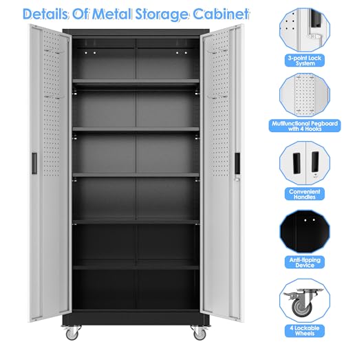 Heavy-Duty 71x32x16 in Metal Garage Storage Cabinet on Wheels with Pegboards, 5 Adjustable Shelves