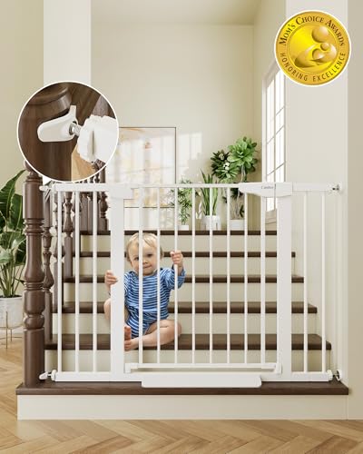 Cumbor 30-46 Inch White Baby & Pet Gate with Auto-Close & Double Lock, Adjustable Walk-Through Safety Gate for Stairs & Doorways