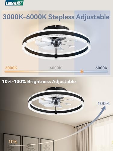 LEDIARY 20-Inch Black Ceiling Fan with Lights, Remote & 6 Speeds - Modern Flush Mount Fan for Bedroom