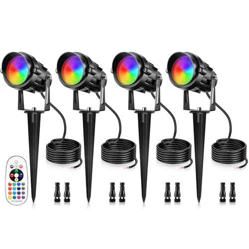 12W RGBW Color Changing Landscape Lights - Low Voltage LED Landscape Lighting, Remote Control Spotlight Outdoor Waterproof Garden Pathway Halloween Christmas Spot Lights, 4 Pack with Connector
