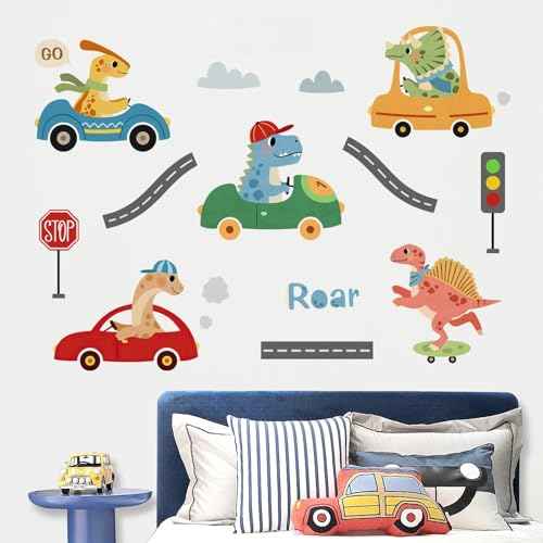 Yovkky Dinosaur Car Beep Wall Decals Stickers, Dino Roar Vehicle Transportation Toddlers Baby Nursery Decor, Traffic Sign Home Decorations Boys Kids Bedroom Playroom Art