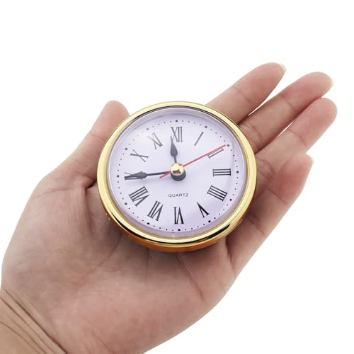 MovFlax Mini Round Quartz Clock Insert 2-1/2 Inch Gold Roman Numerals - Vintage Style Replacement Face