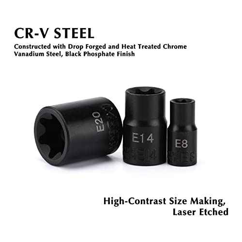 EMENTOL 11PCS E-Torx Socket Set with Rail, CR-V, 1/4" and 3/8" Drive, Female External Torx Star Socket Set, E4 - E20