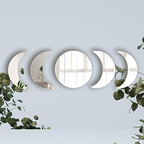 5 Acrylic Mirror Wall Stickers - Self Adhesive Moon Phase Mirrors - Bohemian Decor for Home, Living Room, Bathroom, Bedroom (15cm)