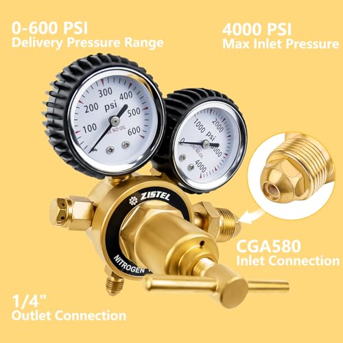 Nitrogen Regulator 0-600PSI Delivery Pressure CGA580 Inlet Connection and 1/4'' Male Flare Outlet Connection, Nitrogen Tank Regulator