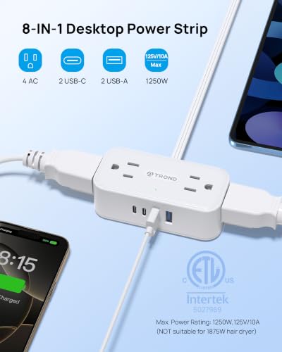 TROND 360° Rotating Flat Plug Power Strip 5ft, 4 AC Outlets, White / 10A