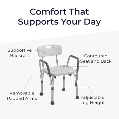 Drive Medical Premium Shower Chair with Backrest & Padded Arms, Adjustable White