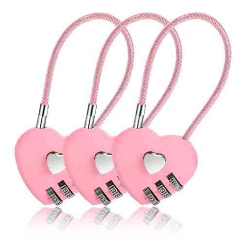 3 PCS 3 Digit Combination Padlock Heart Combination Locks Pink Code Lock with Steel Wire Rope Mini Luggage Locks Love Locker Lock Cute Combo Lock for Backpack Luggage Lockers Jewelry Boxes