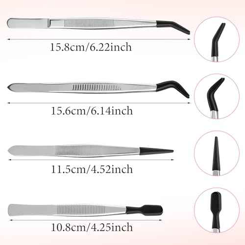Sibba Tweezers with Rubber Tips 4Pcs PVC Rubber Coated Tweezer Set Jewelry Making Kits PVC Coated Tweezers Set Rubber Straight Tip Tweezers Flat Tip Gripper Reusable Forceps for Crafts Stamps Beads