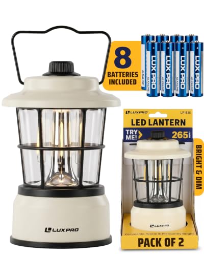 LUXPRO 2-Pack Retro Outdoor Camping Lanterns Beige Battery Powered, Dimmable LED