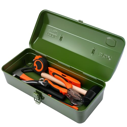Large Metal Tool Storage Box with Handle for Workshop,15 inches Portable Tool Case with Lid£¬Locking Organiser Box for Hardware Part(green)