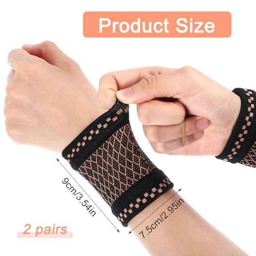 TIESOME 2 Pairs Copper Wrist Compression Brace, Wrist Brace Elastic Wrist Support Compression Sleeve for Weightlifting Fitness Yoga Workout Arthritis Sprains Tendonitis Carpal Tunnel Pain Relief (M)
