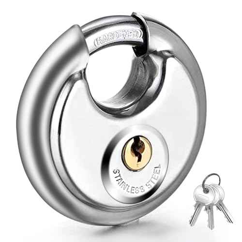 Vervida¢ç Keyed Padlock Stainless Steel Disc Lock with 3 Keys, 3/8 Inch Shackle 70mm, Heavy Duty Lock Outdoor Waterproof Storage Lock for Warehouse, Garage, Storage Locker, and Outdoors (1 Pack)