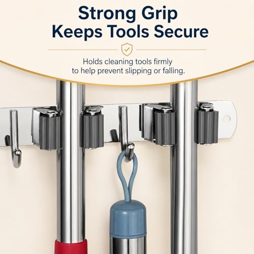 Voze Silver 5 Racks & 4 Hooks Wall Mount Mop & Broom Organizer