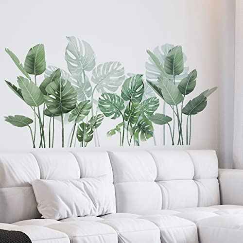 Tropical Plant Wall Decals, Potted Plants Leaf Wall Stickers Vinyl Peel and Stick Wallpaper for Bedroom Bathroom Nursery and Office